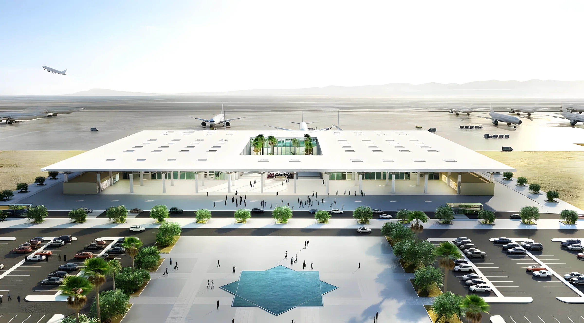 Render of the New Gwadar International Airport terminal and forecourt